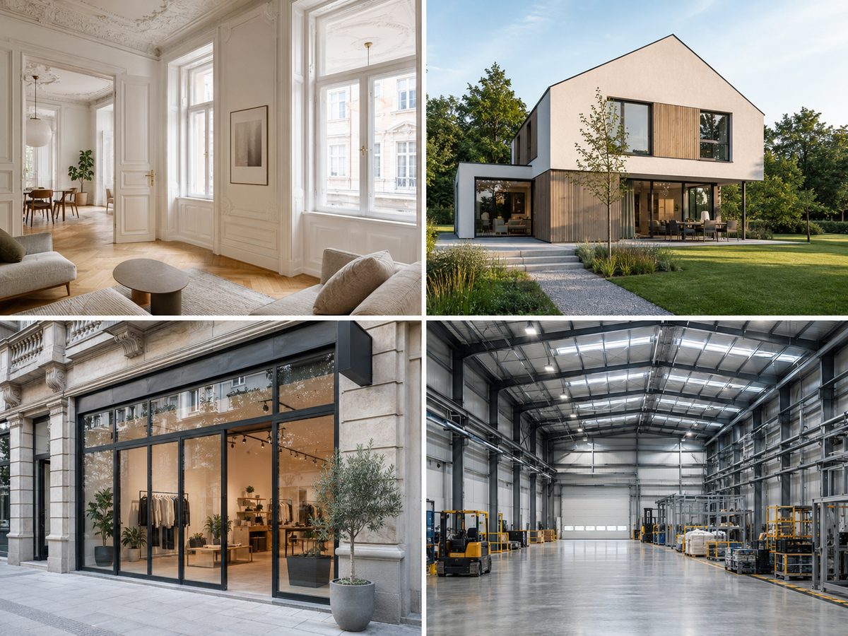 Verschiedene Immobilientypen in Österreich — Altbauwohnung, modernes Haus, Geschäftslokal und Gewerbehalle